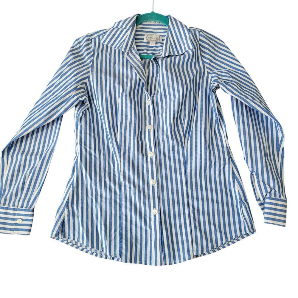 Foxcroft Womens Button-Up Shirt S Blue White Wrinkle Free Cotton Long Sleeves
